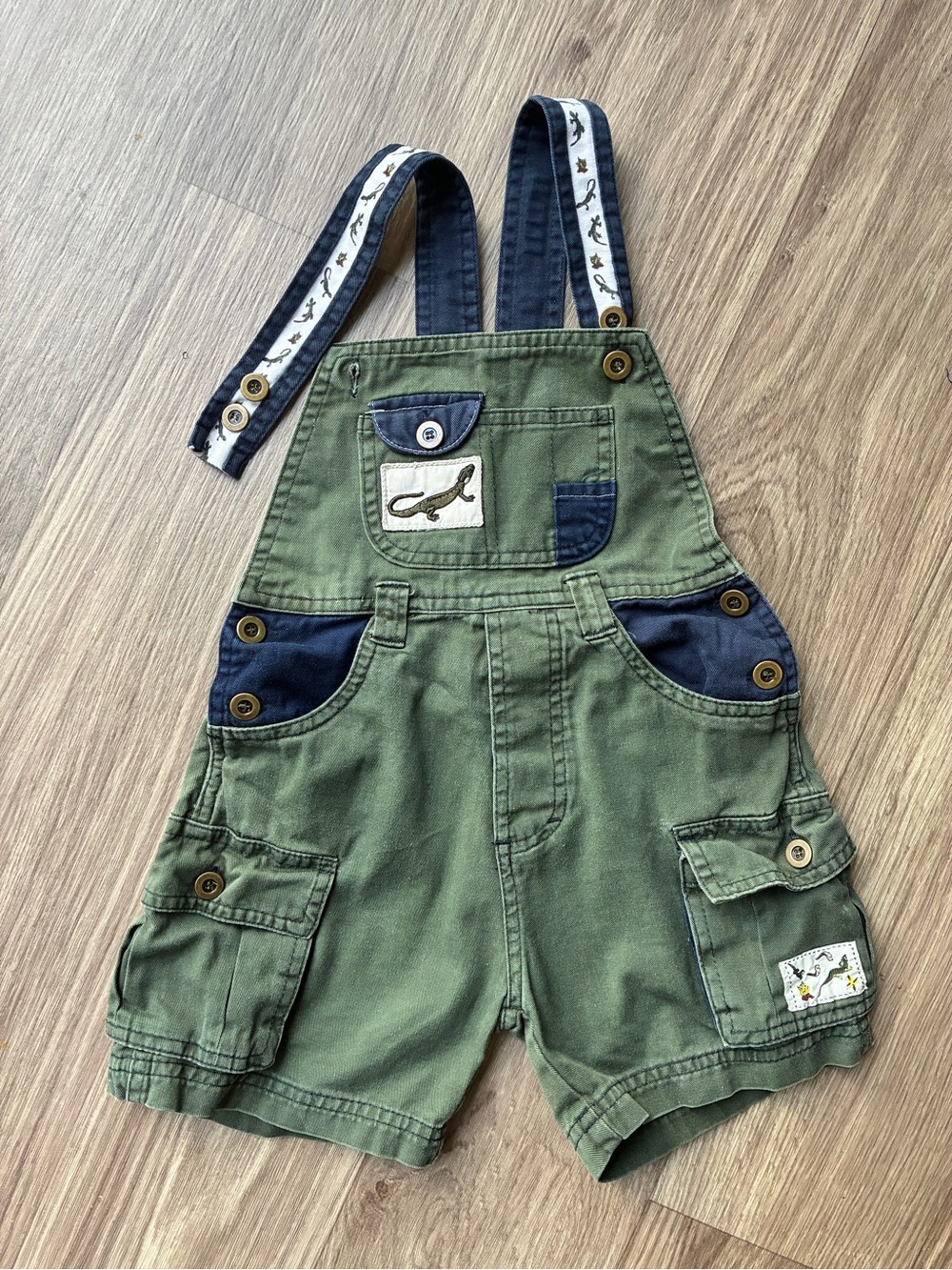 Kids Olive Green Short Overalls with Navy Accents